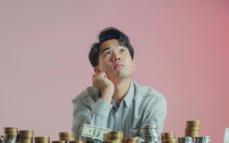 Man contemplating financial decisions and rising loan interest rates.